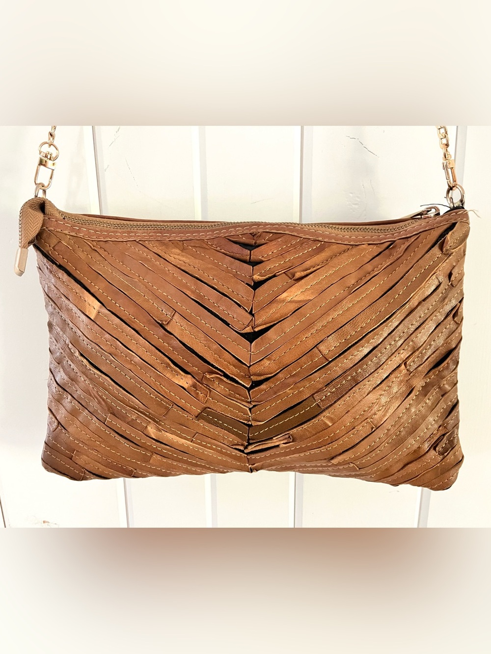 Leather Chevron Clutch/Crossbody  in Cognac Brown
